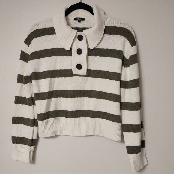 Rails Shae Polo Collar Ivory and Olive Green Stripe Preppy Sweater - Picture 2 of 9